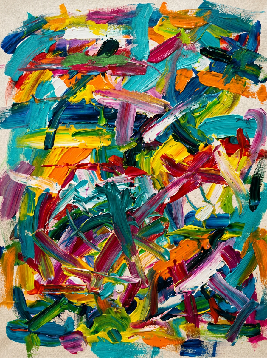 Canvas with abstract painting featuring overlapping colorful brushstrokes