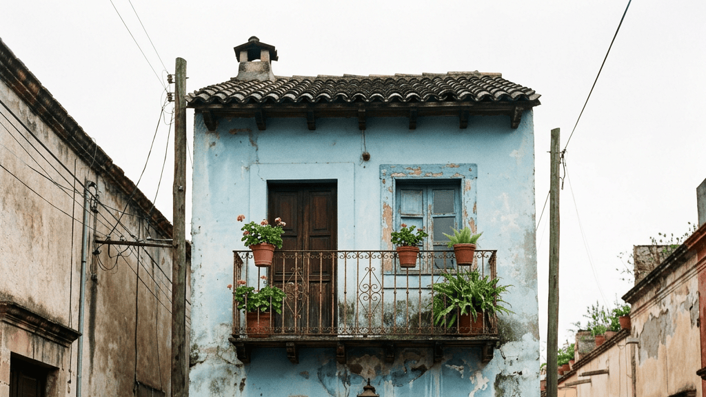 Two-story weathered blue house with wooden doors, a balcony with potted plants, and cobblestone street